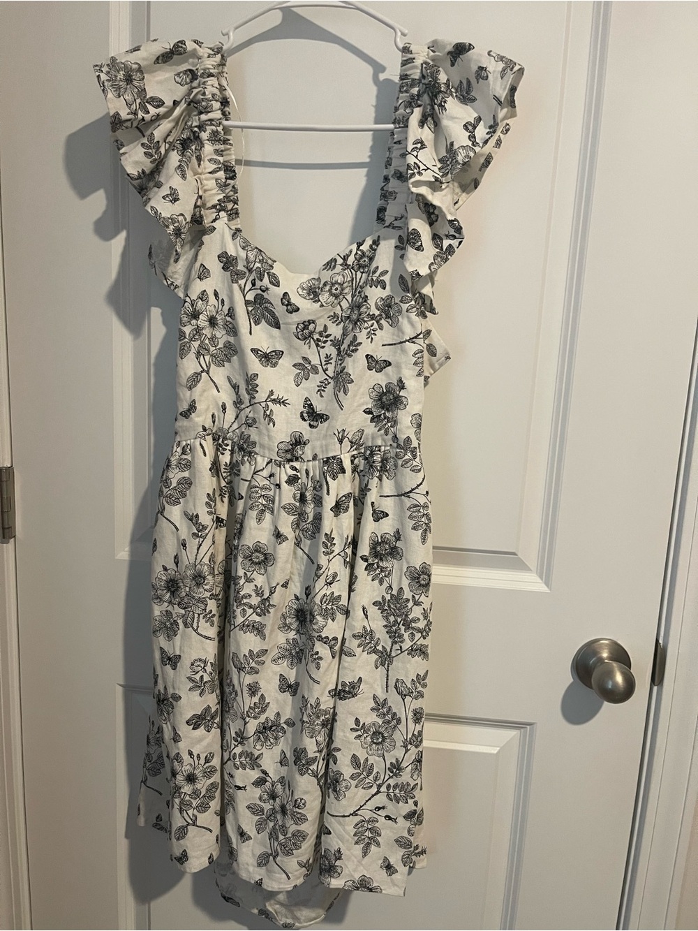 Ruffled Sleeve Floral Sundress in White&Black Womens L Linen&Rayon Open Back NEW